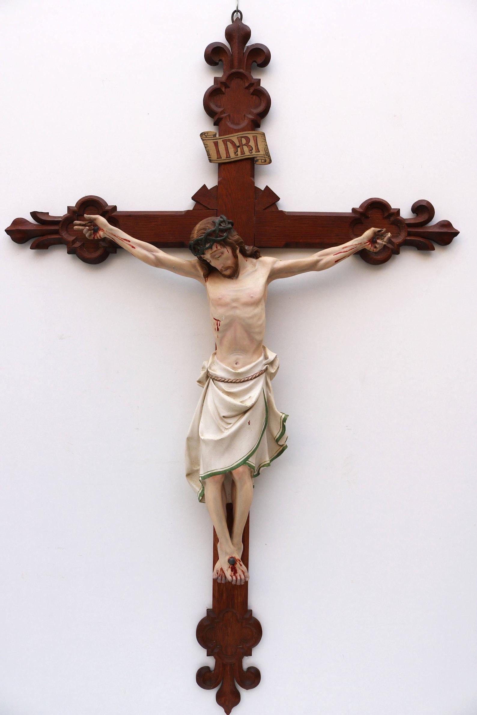 Renaissance Revival Large French Antique Christ Crucifix 19th Century Fleur De Lis Corpus Painted For Sale