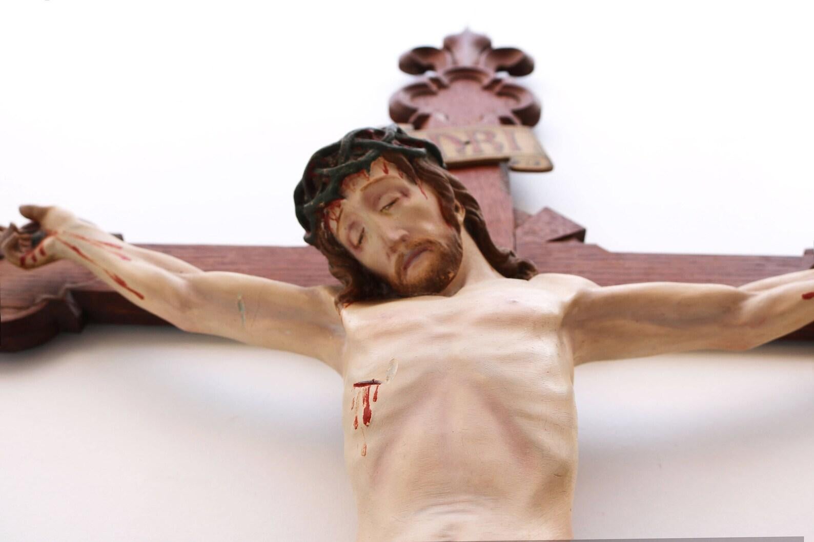 Plaster Large French Antique Christ Crucifix 19th Century Fleur De Lis Corpus Painted For Sale