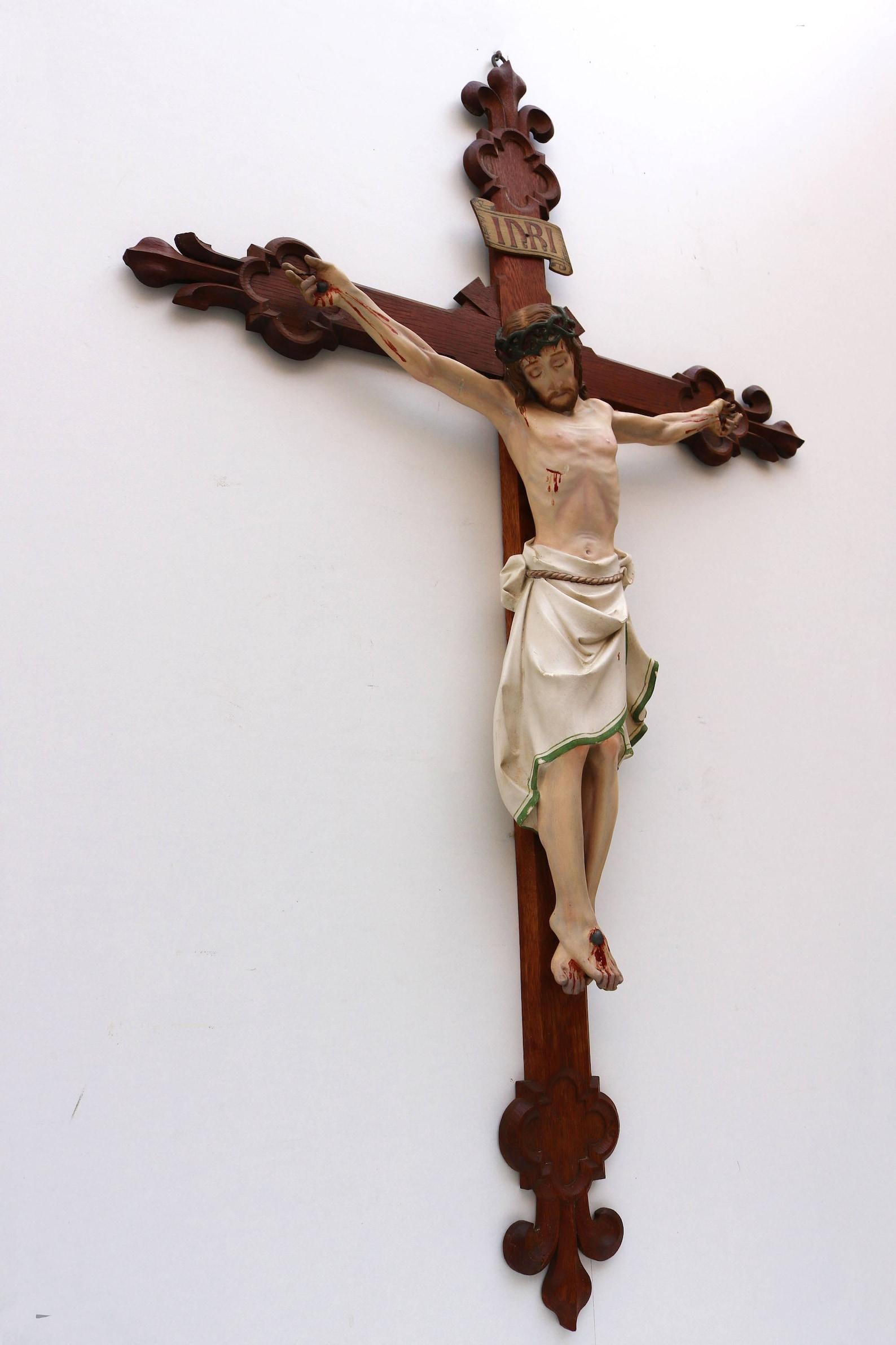 Late 19th Century Large French Antique Christ Crucifix 19th Century Fleur De Lis Corpus Painted For Sale