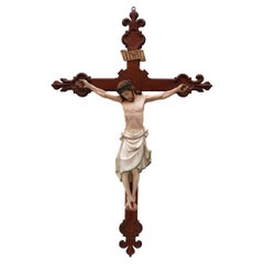 Grande Crocifisso francese antico del XIX secolo con Corpus Fleur De Lis dipinto