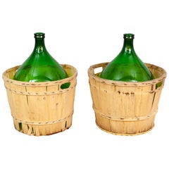 Large French Antique Emerald Green Demi-John in a Wooden Basket
