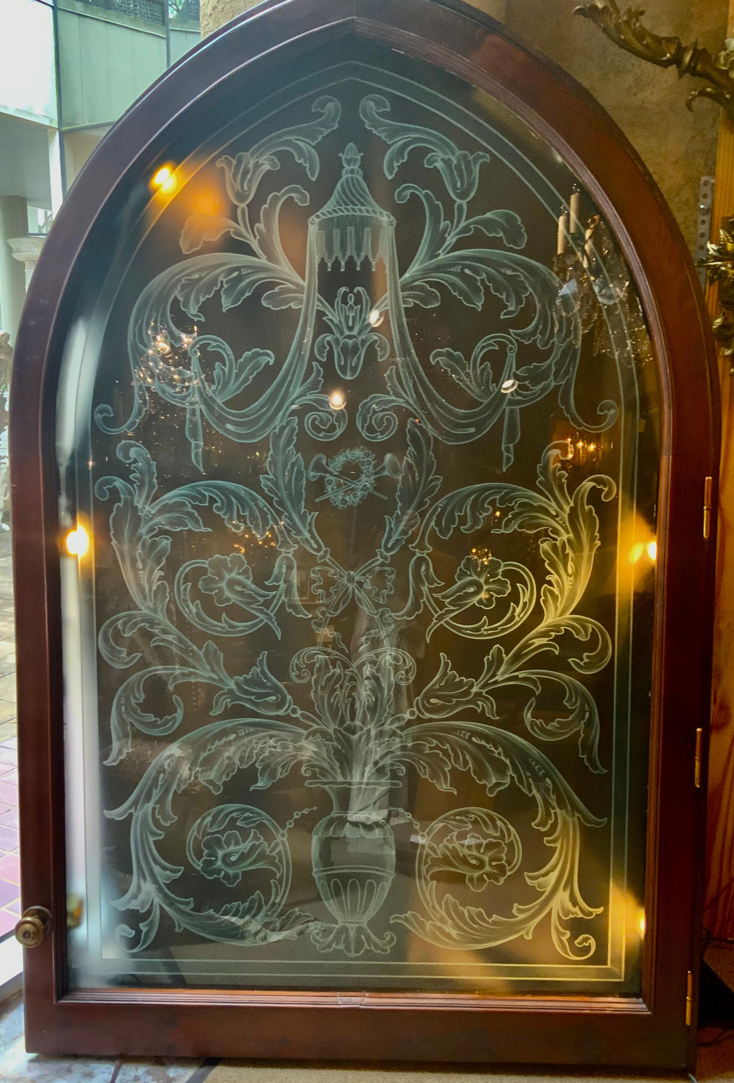 Large French Antique Etched Glass in a Cased and Lighted Walnut Frame In Excellent Condition For Sale In Houston, TX