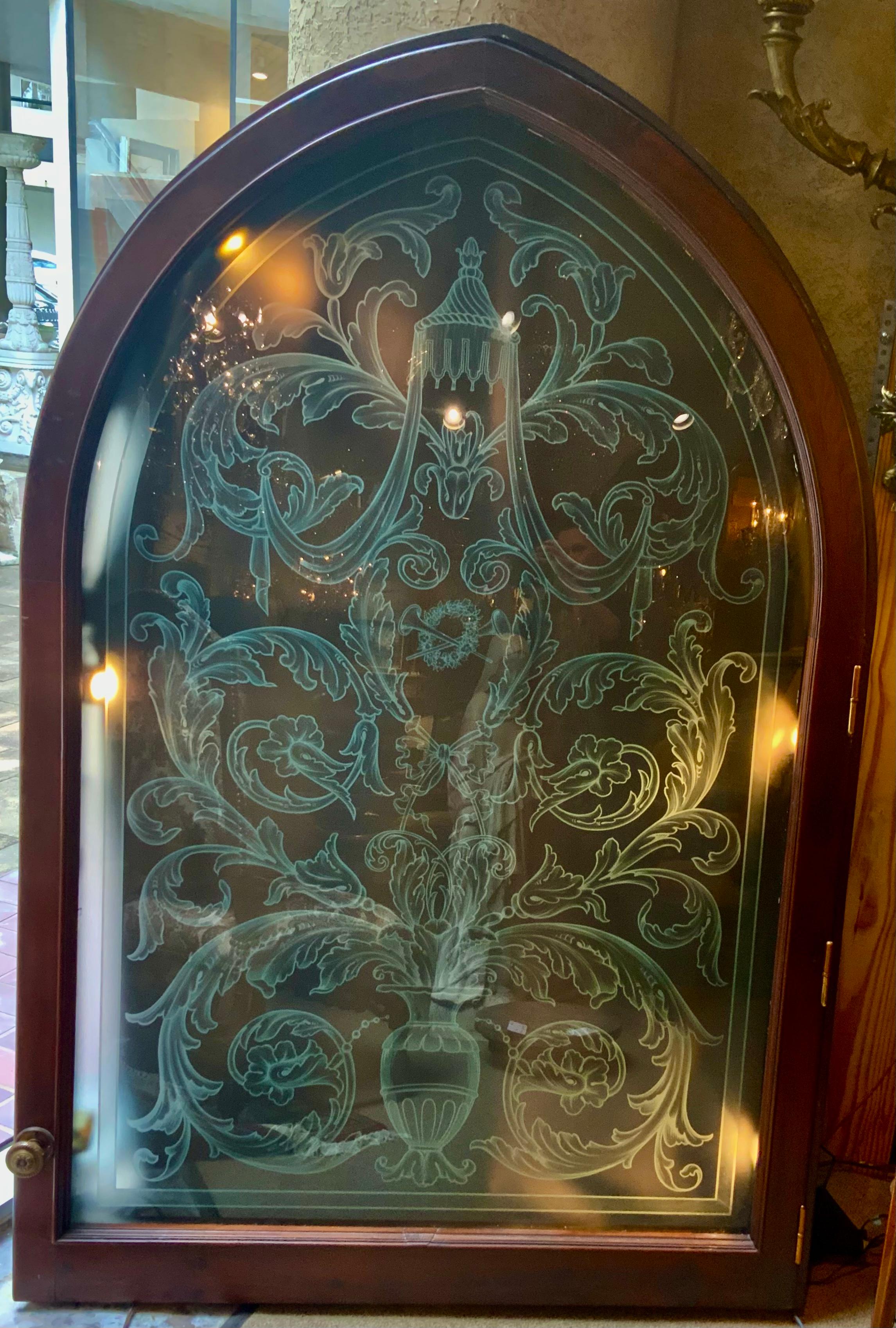 20th Century Large French Antique Etched Glass in a Cased and Lighted Walnut Frame For Sale