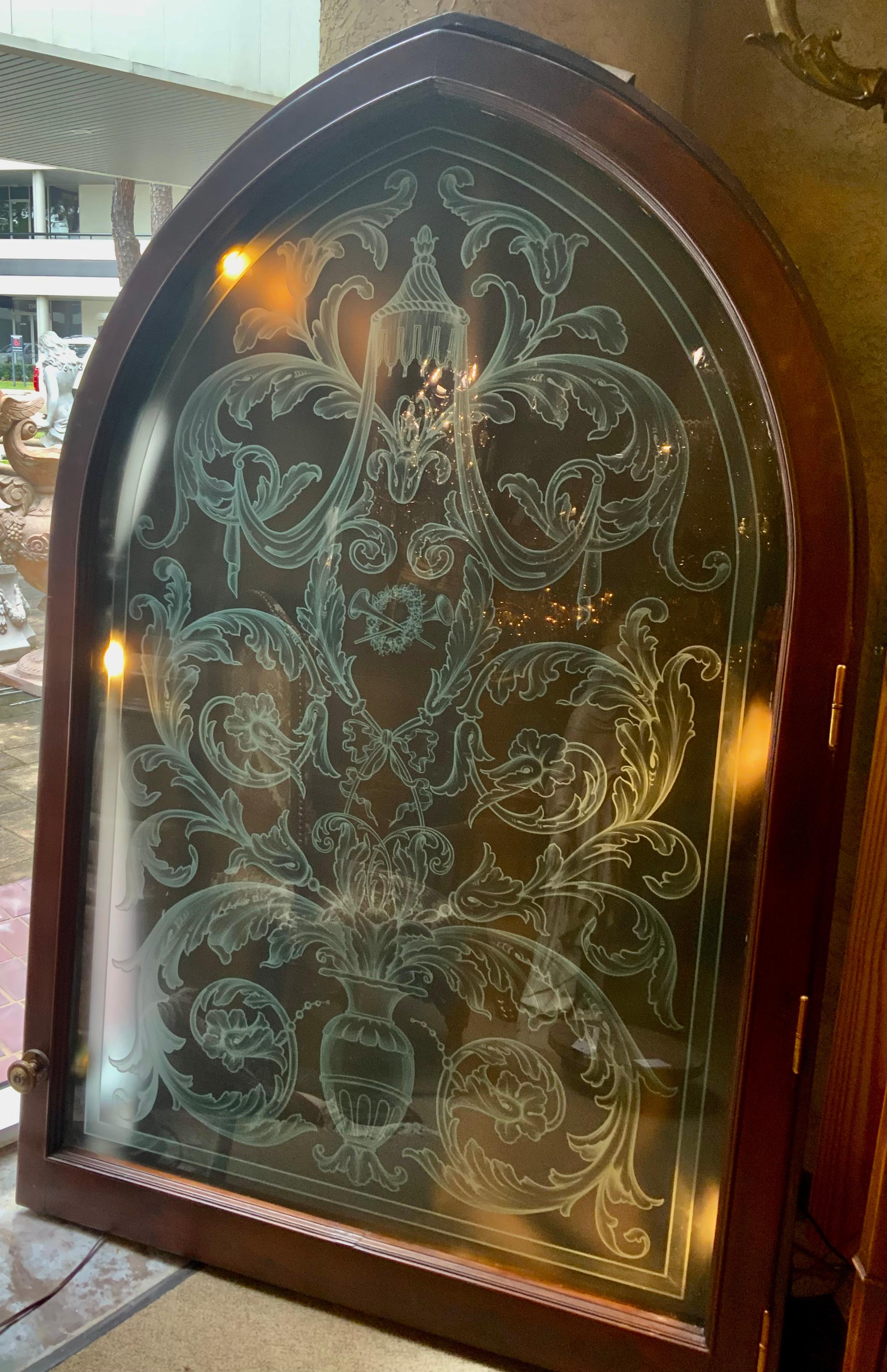 Art Glass Large French Antique Etched Glass in a Cased and Lighted Walnut Frame For Sale