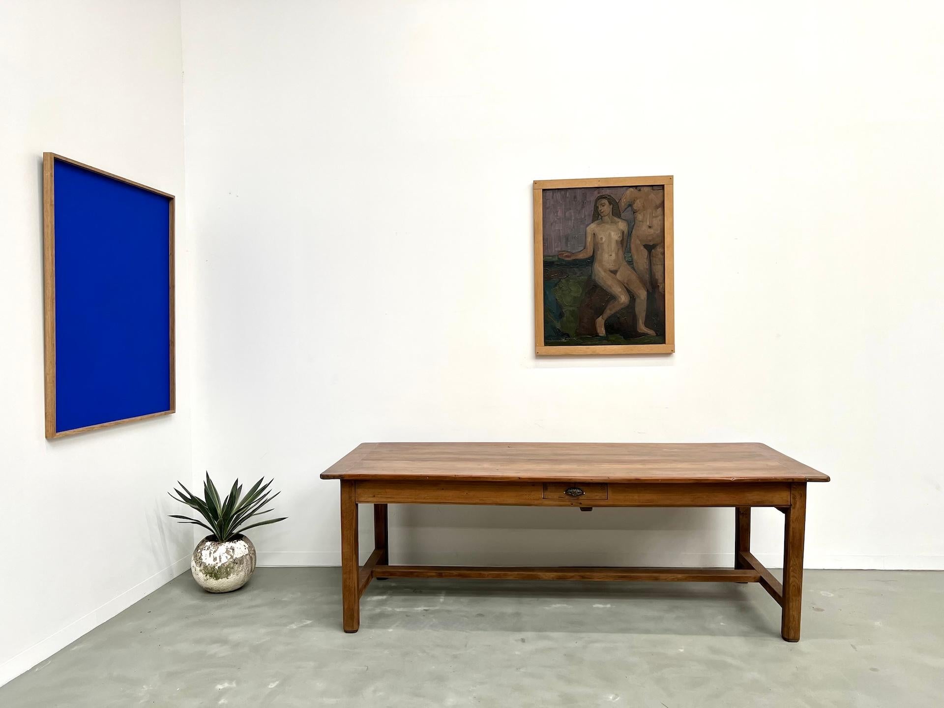 Large antique farmhouse table in walnut

Maison Lecan presents this large farmhouse table with rustic accents, dating from the early 20th century, fully restored in our workshop and finished with a lightly satin-varnished top.

Its generous