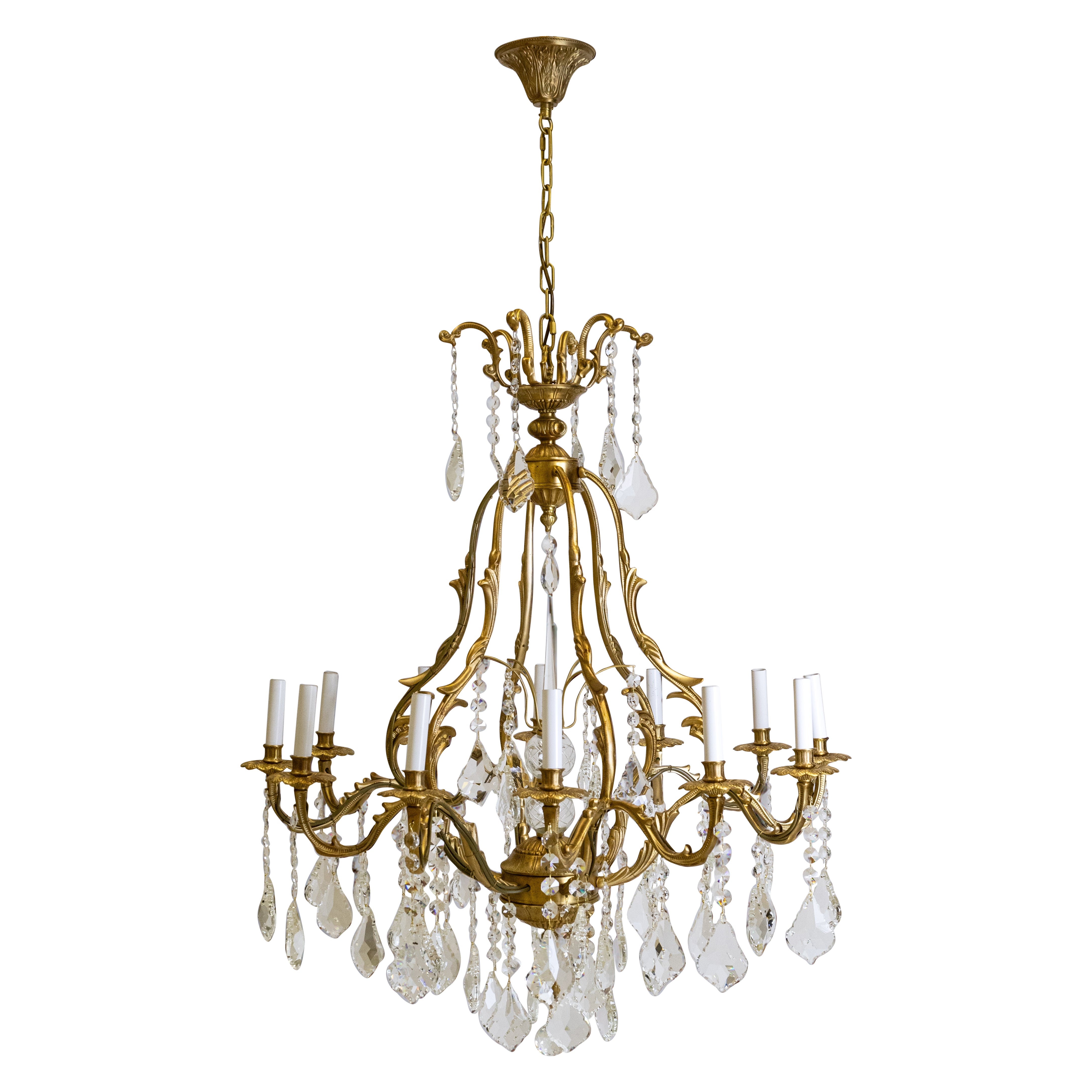 Grande lampadario francese d'epoca con gabbia per uccelli dorata e cristallo  12 Braccio in vendita
