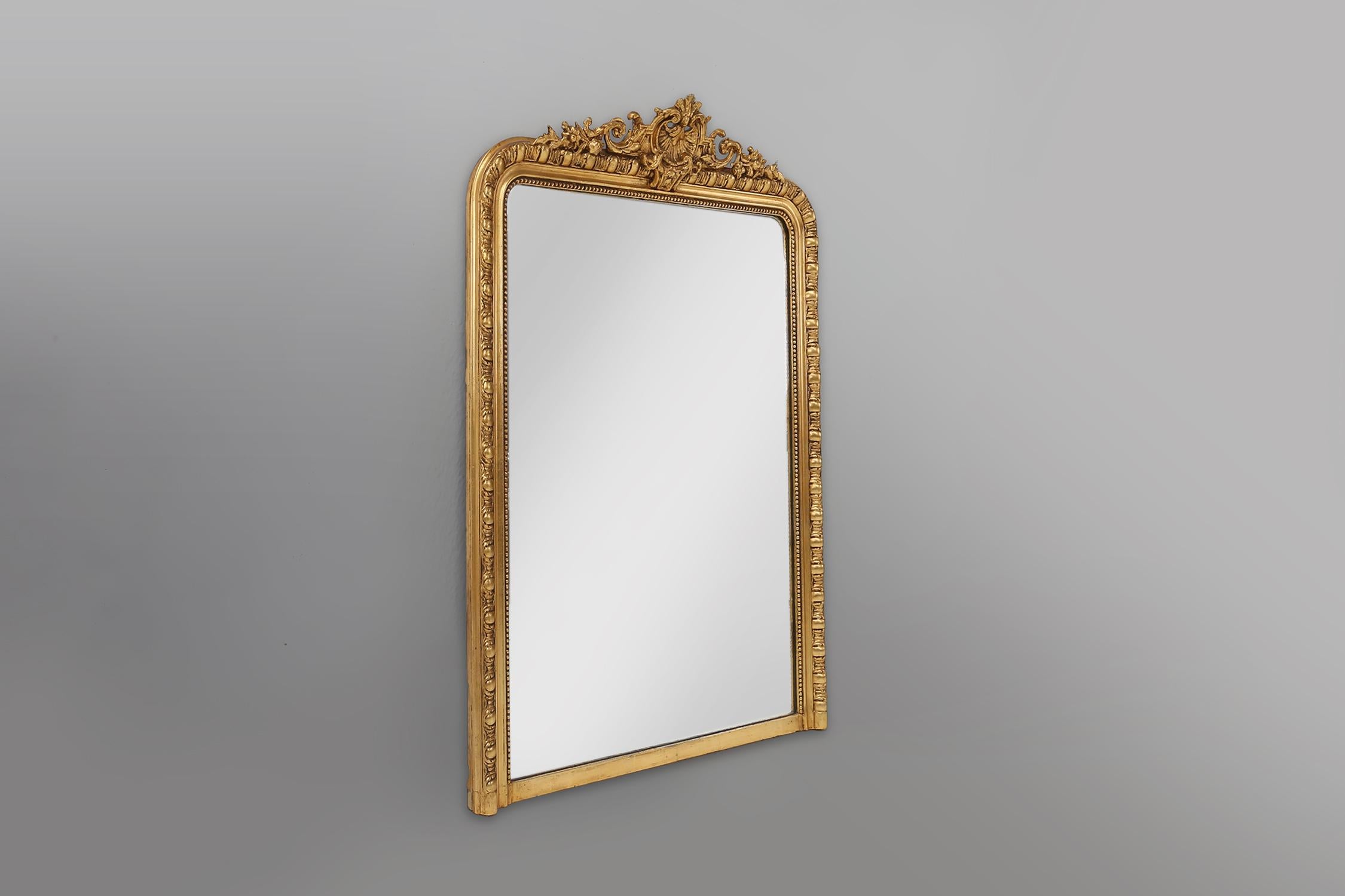Baroque Large French antique gilt wooden chimney mirror, ca 1890