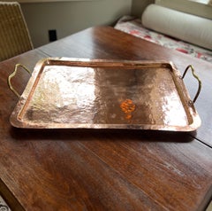 Large French Antique Hand Hammered Copper Serving Tray with Brass Handles