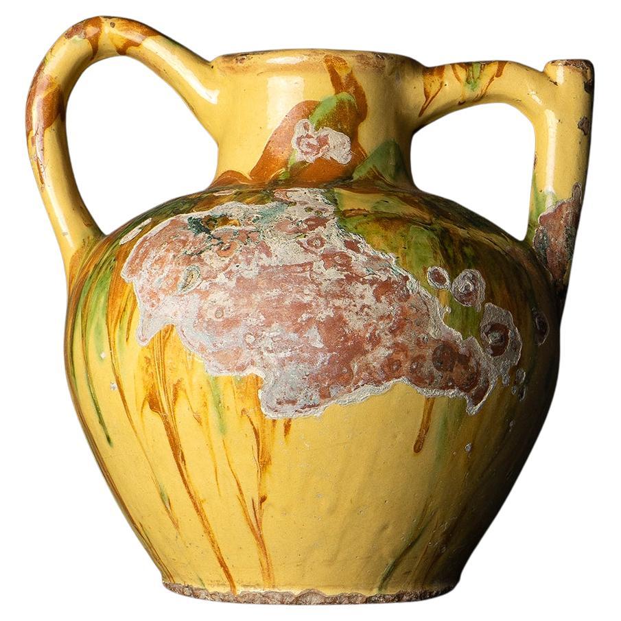 Large French Antique Marble Glazed Terracotta Jug, 19th Century For Sale