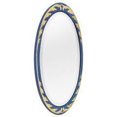 Large French Antique Oval Mirror, Giltwood & Blue Color, Art Deco, circa 1928