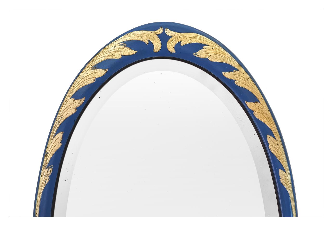 Large French Antique Oval Mirror, Giltwood & Blue Color, Art Deco, circa 1928 In Good Condition For Sale In Paris, FR