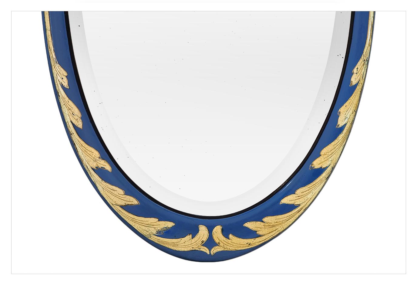 Early 20th Century Large French Antique Oval Mirror, Giltwood & Blue Color, Art Deco, circa 1928 For Sale