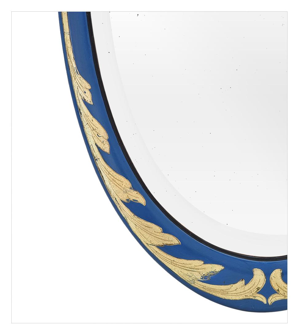 Large French Antique Oval Mirror, Giltwood & Blue Color, Art Deco, circa 1928 For Sale 2