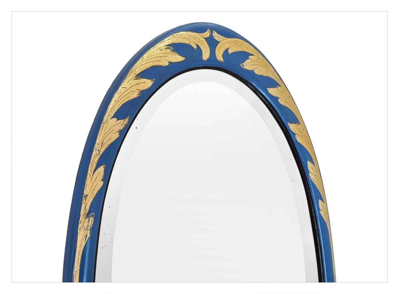 Large French Antique Oval Mirror, Giltwood & Blue Color, Art Deco, circa 1928 For Sale 3