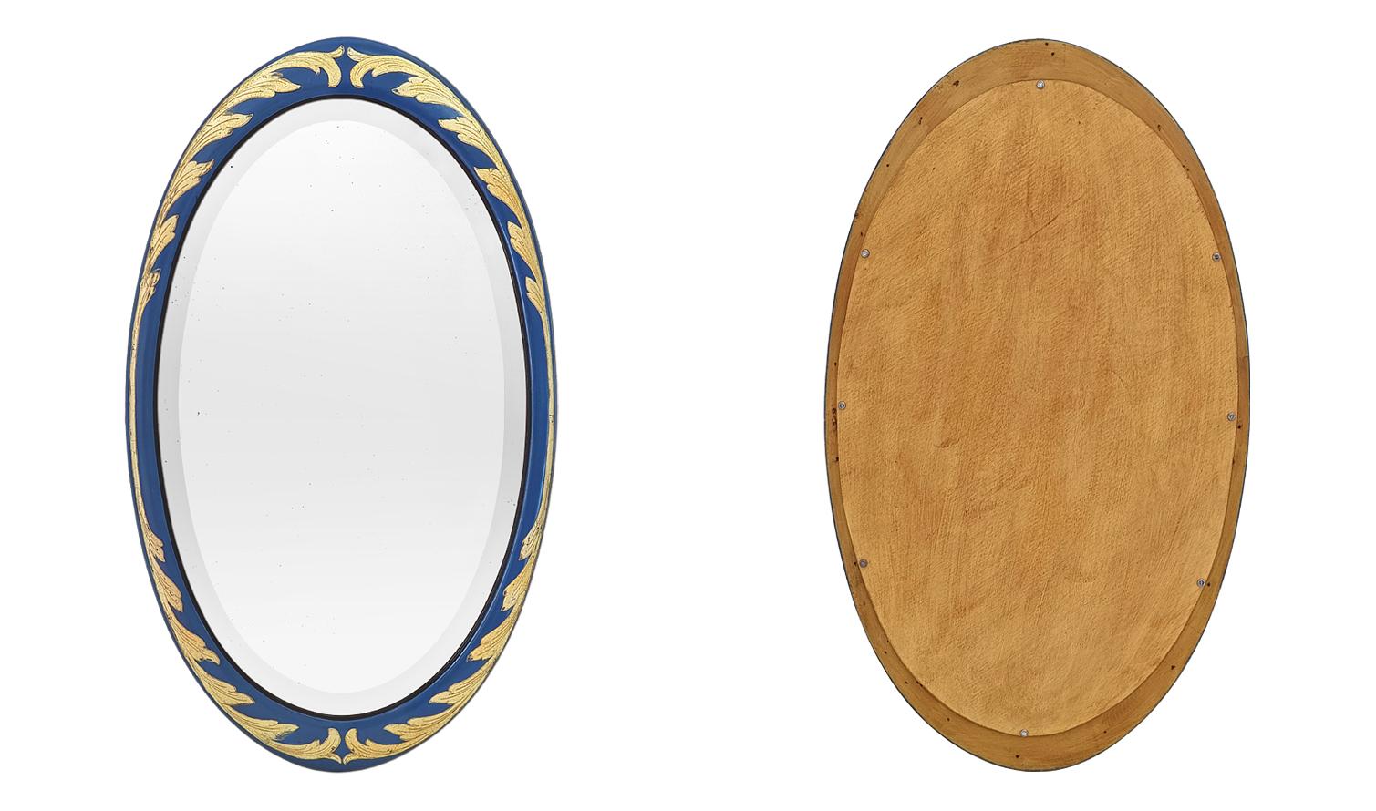 Large French Antique Oval Mirror, Giltwood & Blue Color, Art Deco, circa 1928 For Sale 5