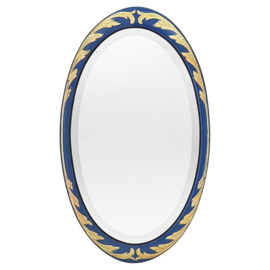 Large French Antique Oval Mirror, Giltwood & Blue Color, Art Deco, circa 1928 For Sale