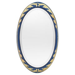 Large French Antique Oval Mirror, Giltwood & Blue Color, Art Deco, circa 1928