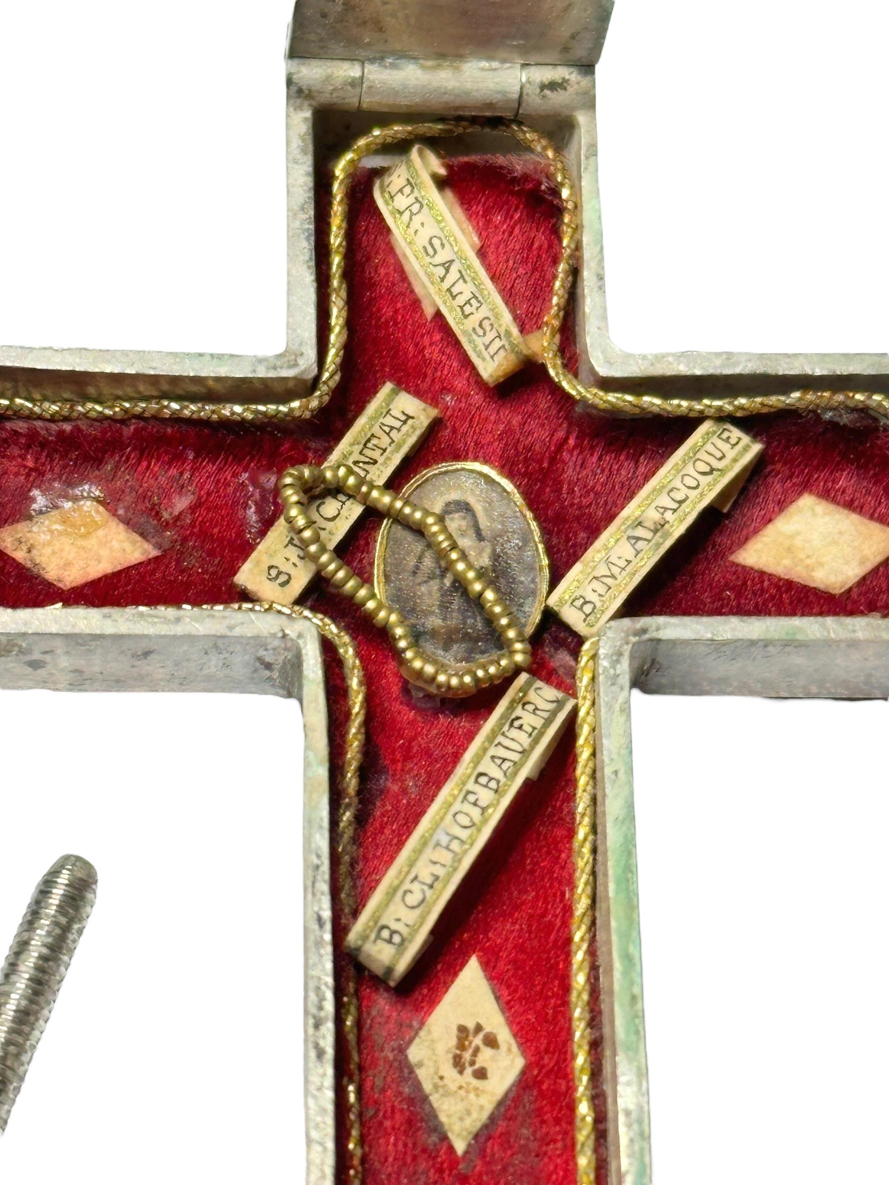 Large French Antique Silver Reliquary Box Crucifix Pendant with Relics of Saints 4