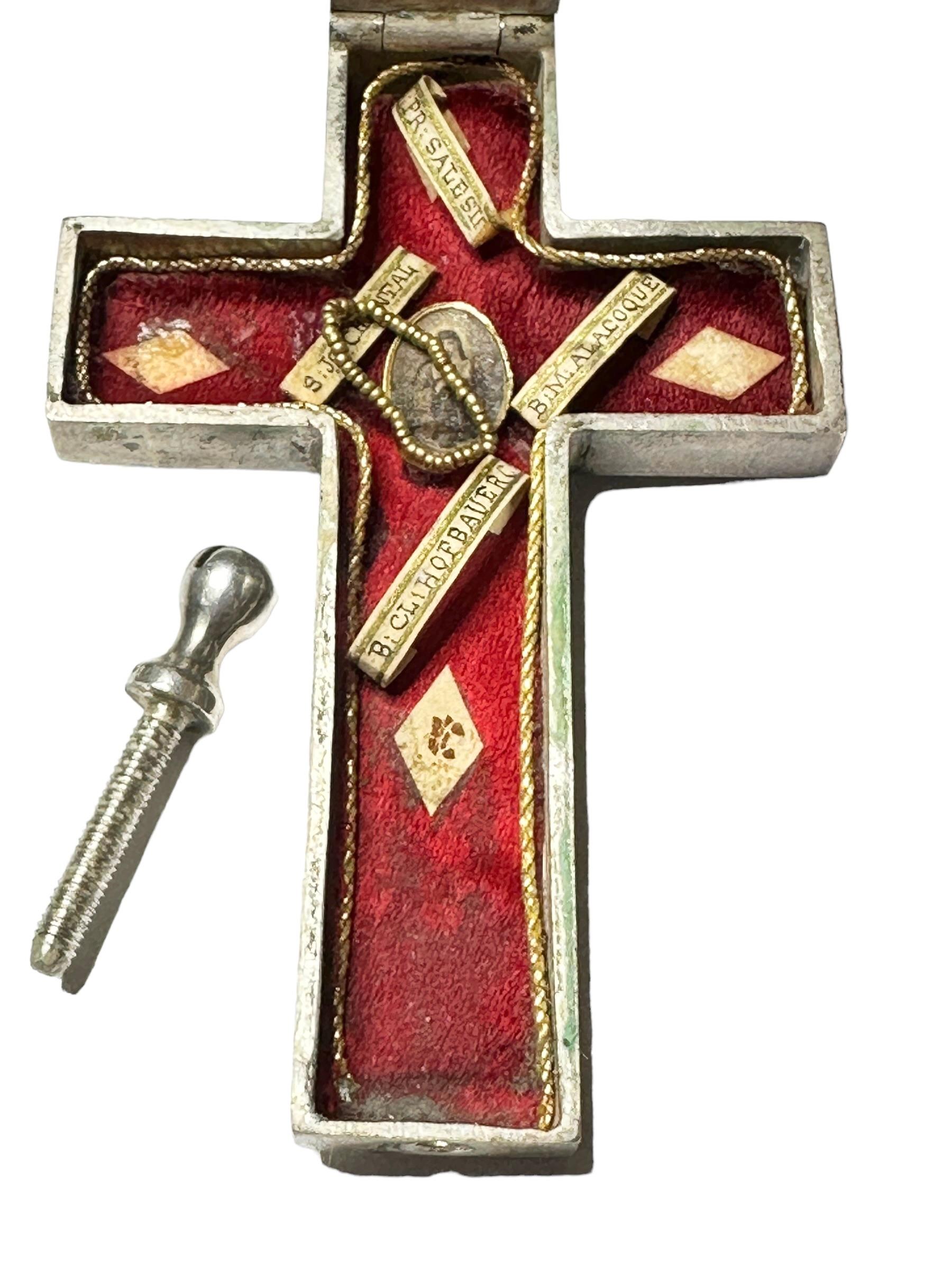 Large French Antique Silver Reliquary Box Crucifix Pendant with Relics of Saints 6