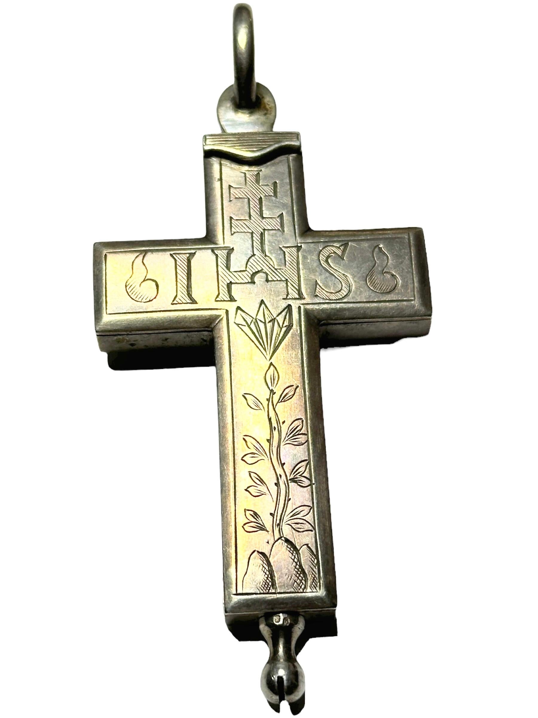 Art Nouveau Large French Antique Silver Reliquary Box Crucifix Pendant with Relics of Saints