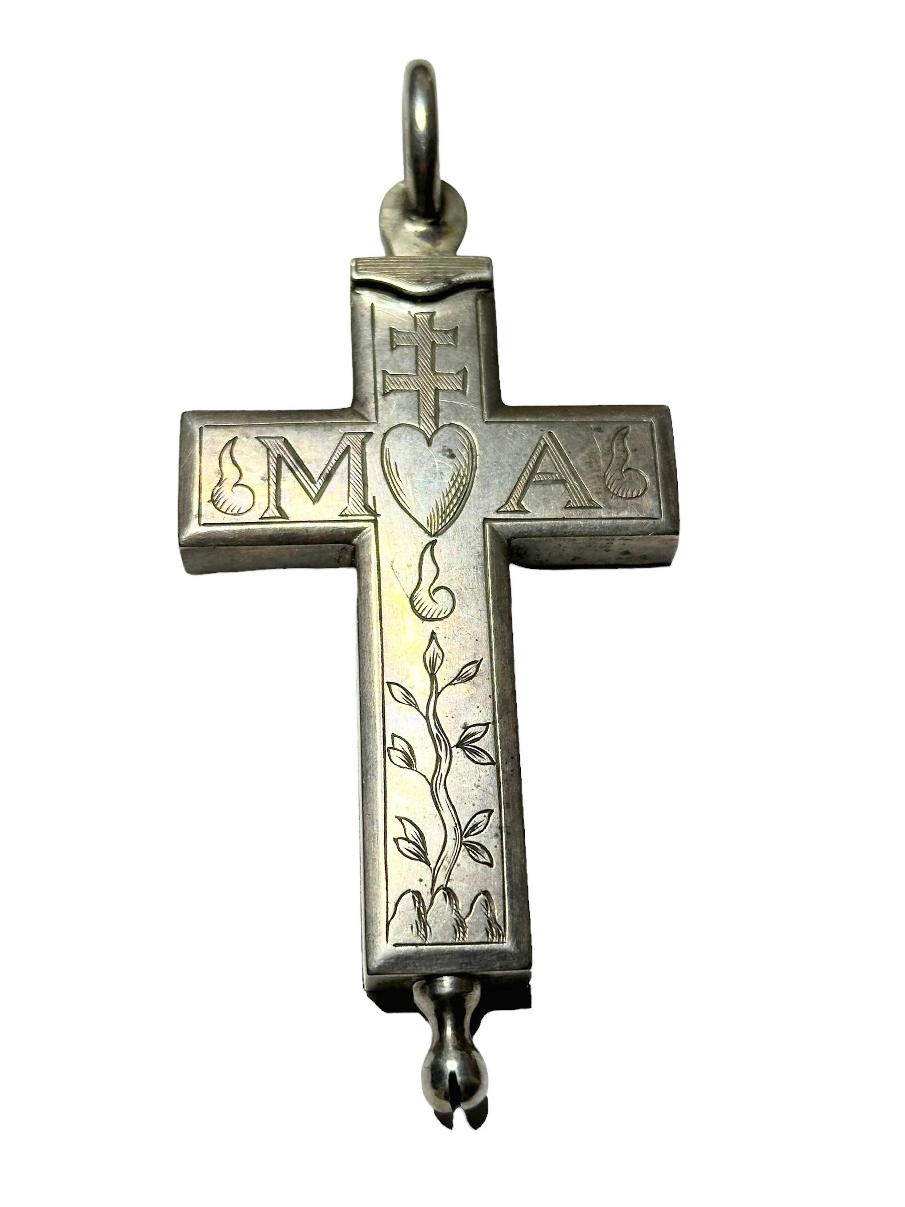 Hand-Crafted Large French Antique Silver Reliquary Box Crucifix Pendant with Relics of Saints