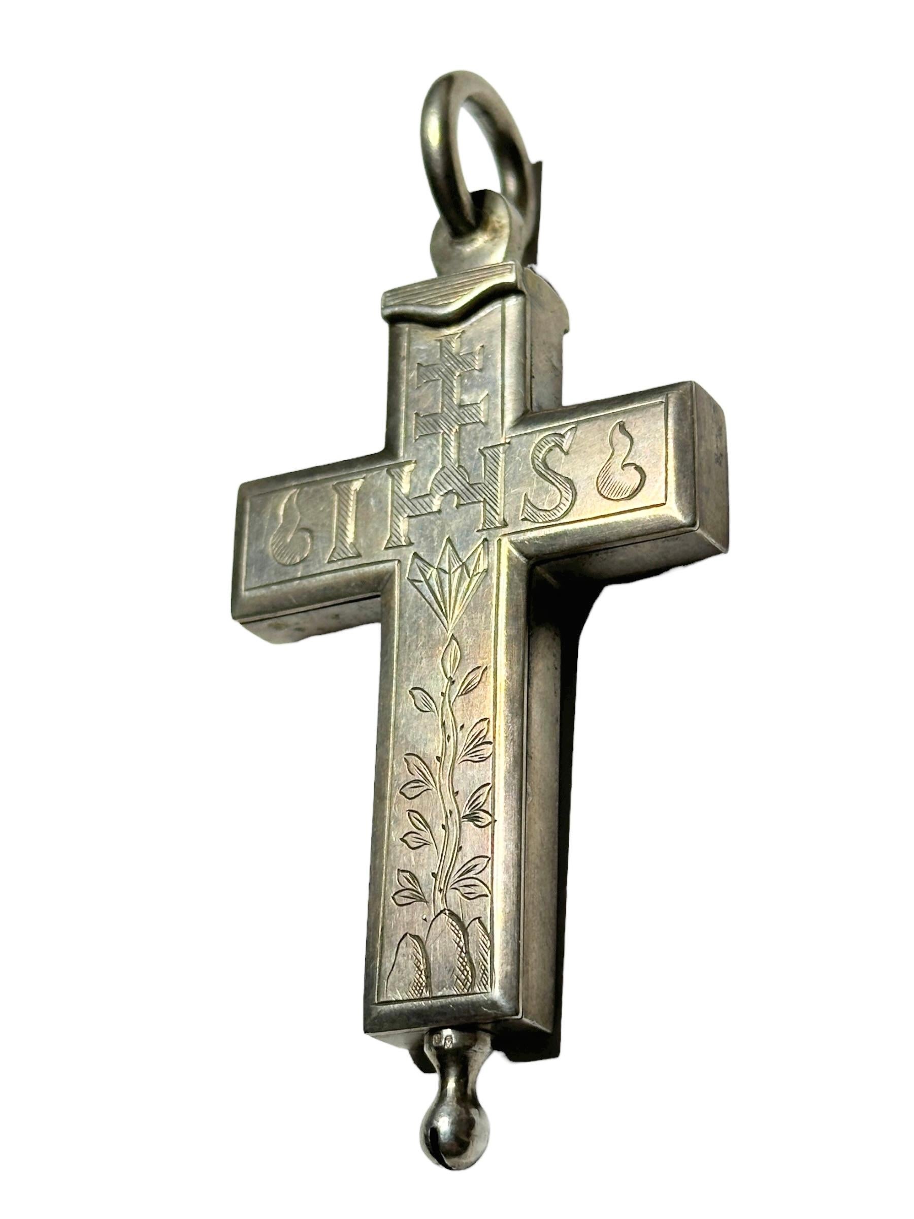 19th Century Large French Antique Silver Reliquary Box Crucifix Pendant with Relics of Saints