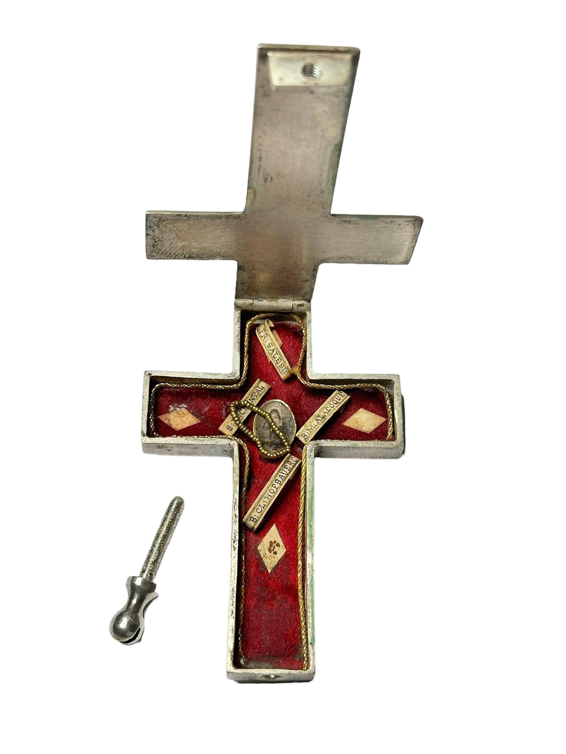 Large French Antique Silver Reliquary Box Crucifix Pendant with Relics of Saints 1
