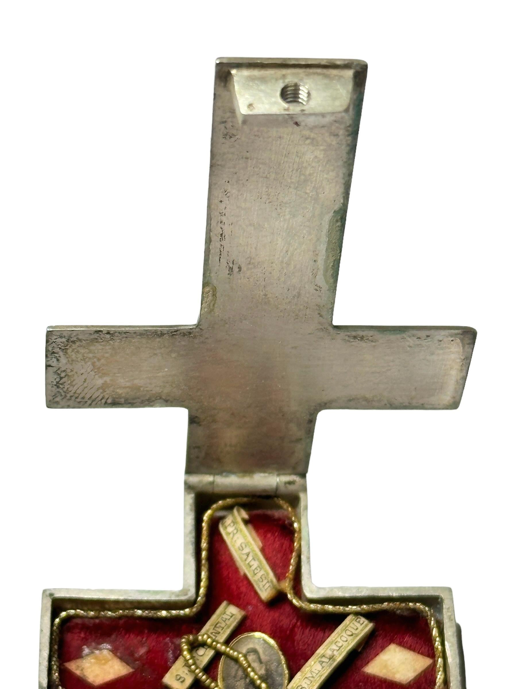 Large French Antique Silver Reliquary Box Crucifix Pendant with Relics of Saints 3