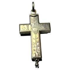 Large French Antique Silver Reliquary Box Crucifix Pendant with Relics of Saints
