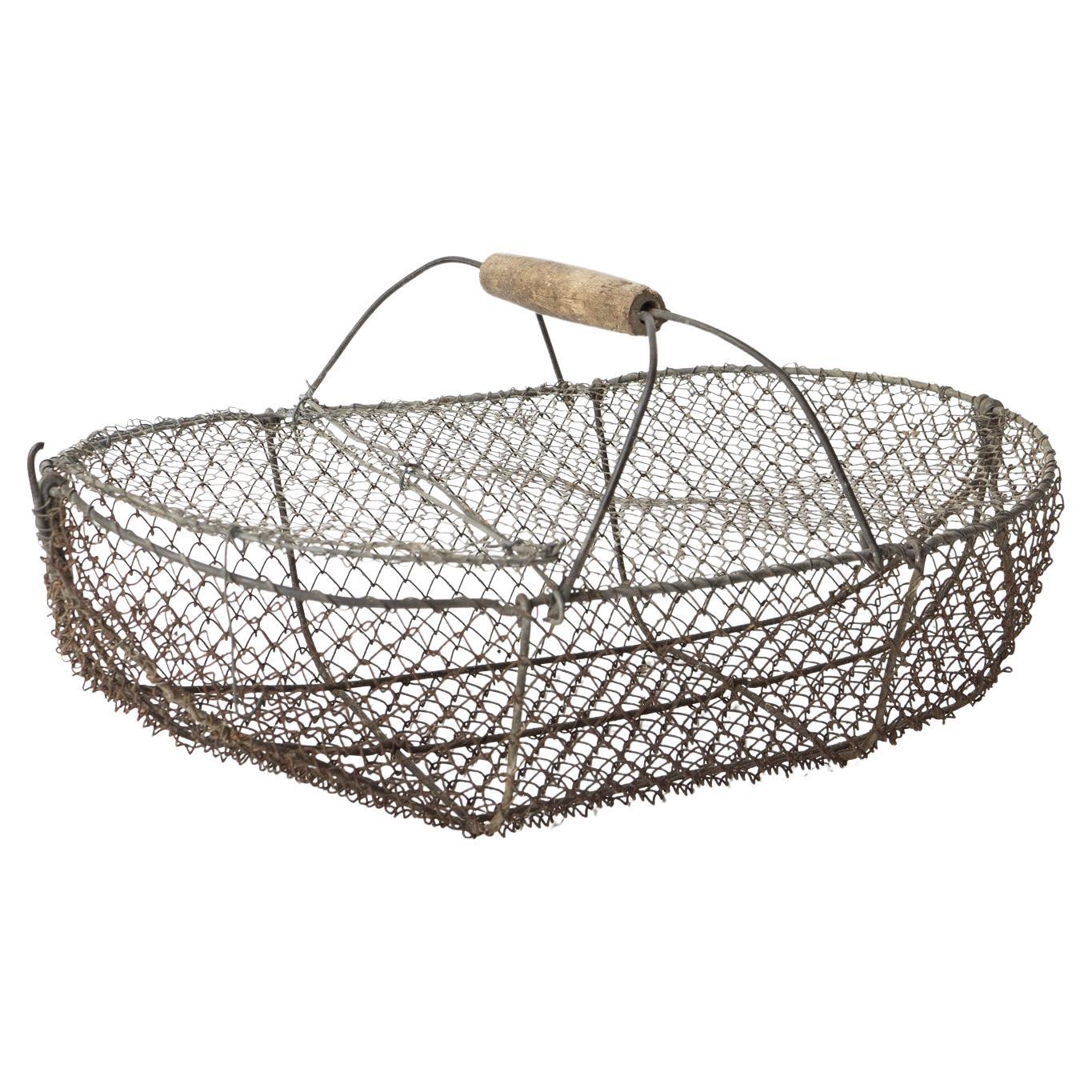 Large French Antique Wire Escargot Collecting Basket With Lid Flower Forage Trug