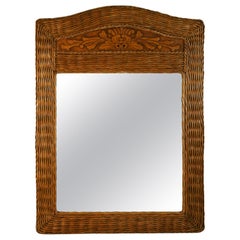 Large French Arch Top Rattan Mirror with Carved Insert