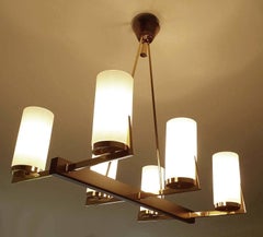 French Mid Century  Pendant Light, Arlus, Brass Glass, Stilnovo Style, 60s