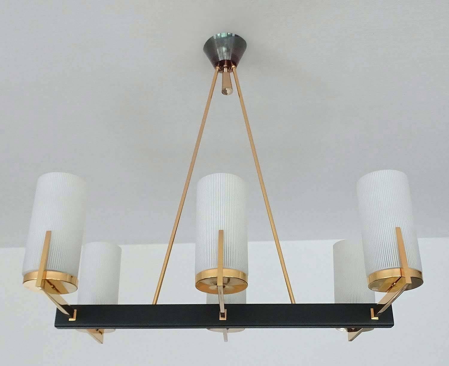 Mid-Century Modern  French Mid Century  Pendant Light, Arlus, Brass Glass, Stilnovo Style, 60s For Sale