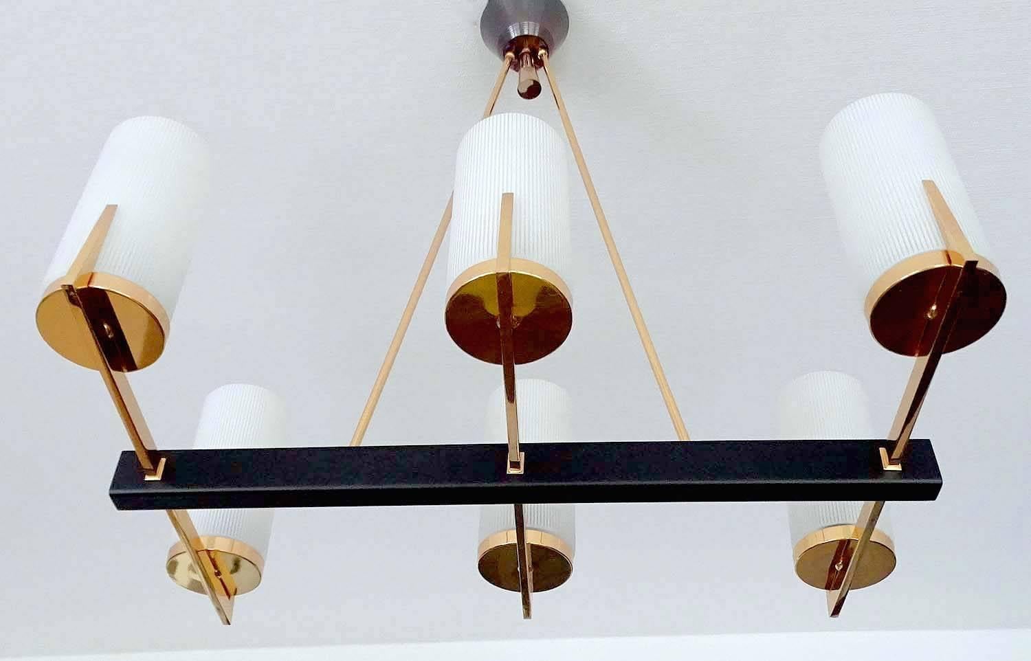  French Mid Century  Pendant Light, Arlus, Brass Glass, Stilnovo Style, 60s For Sale 2