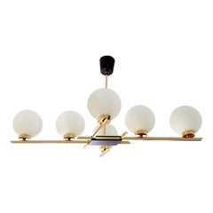 Large French Arlus Brass Glass Chandelier Pendant Light, Stilnovo Style