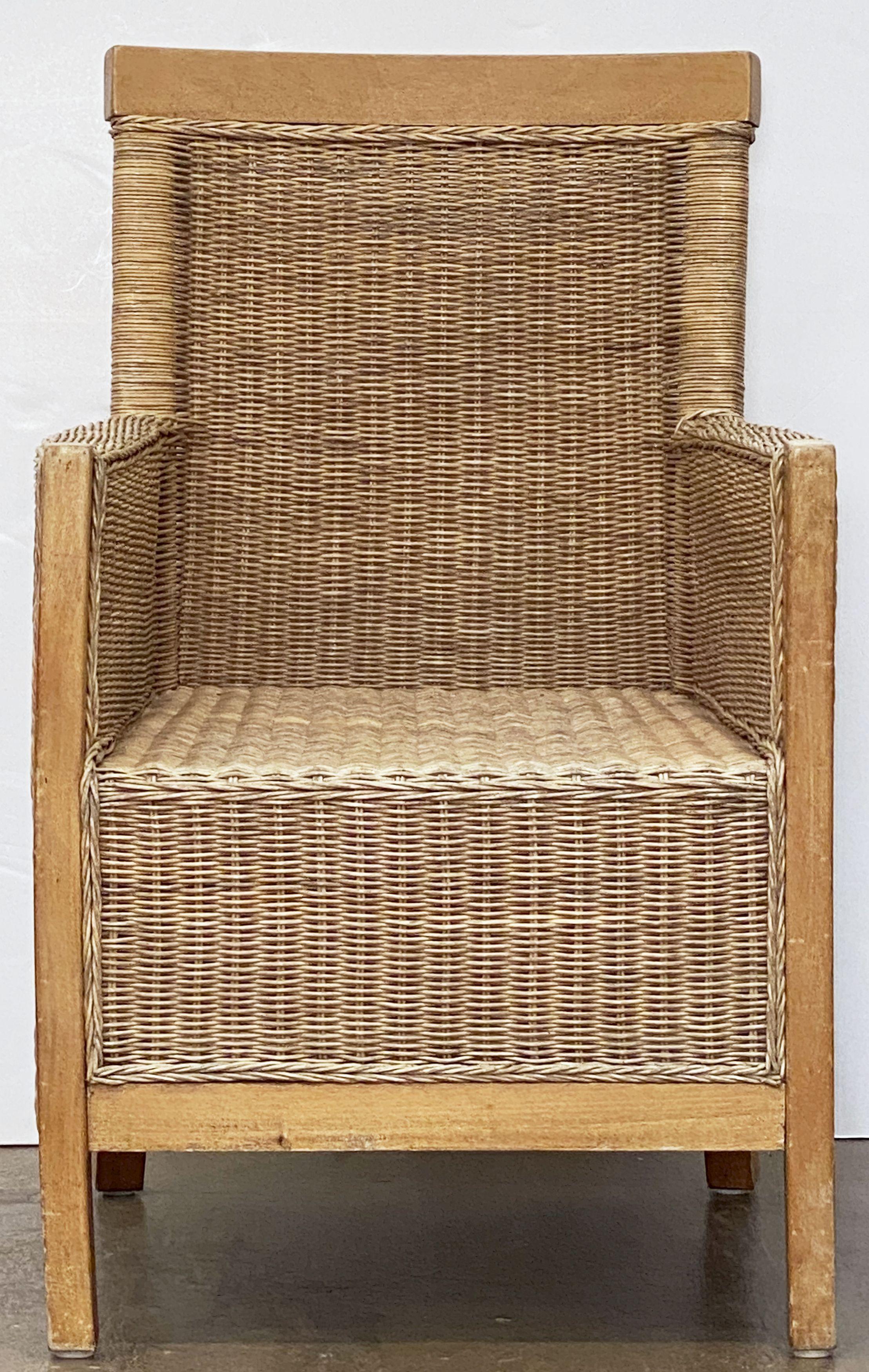 Mid-Century Modern Large French Armchair of Beechwood and Woven Wicker Cane, 'Two Available' For Sale