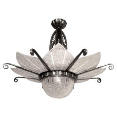 Large French Art Deco original art glass, nickel chandelier by Hettier Vincent