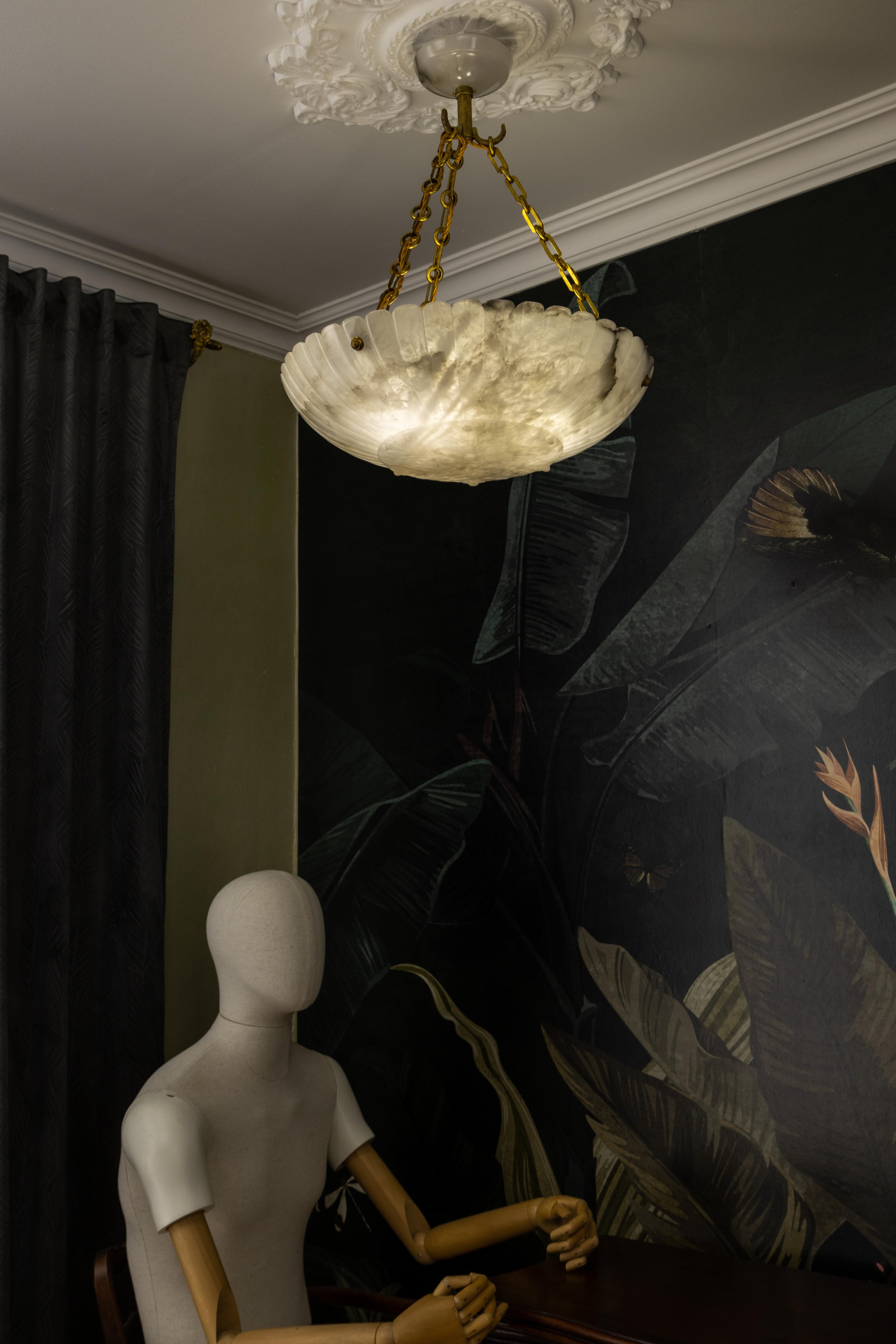 Large French Art Deco Alabaster Pendant Light with Brass Chain, 1920s For Sale 9