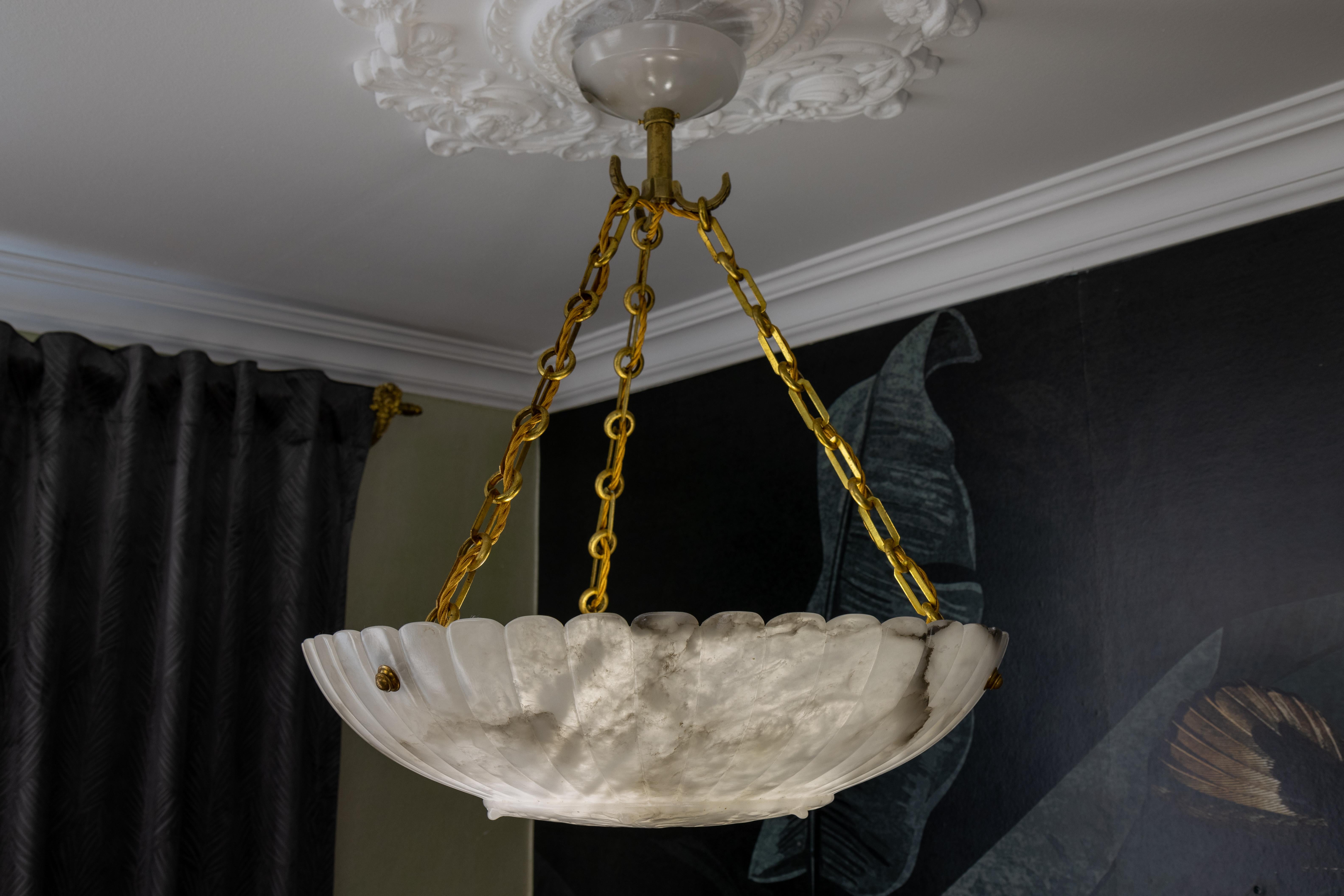 Large French Art Deco Alabaster Pendant Light with Brass Chain, 1920s For Sale 11