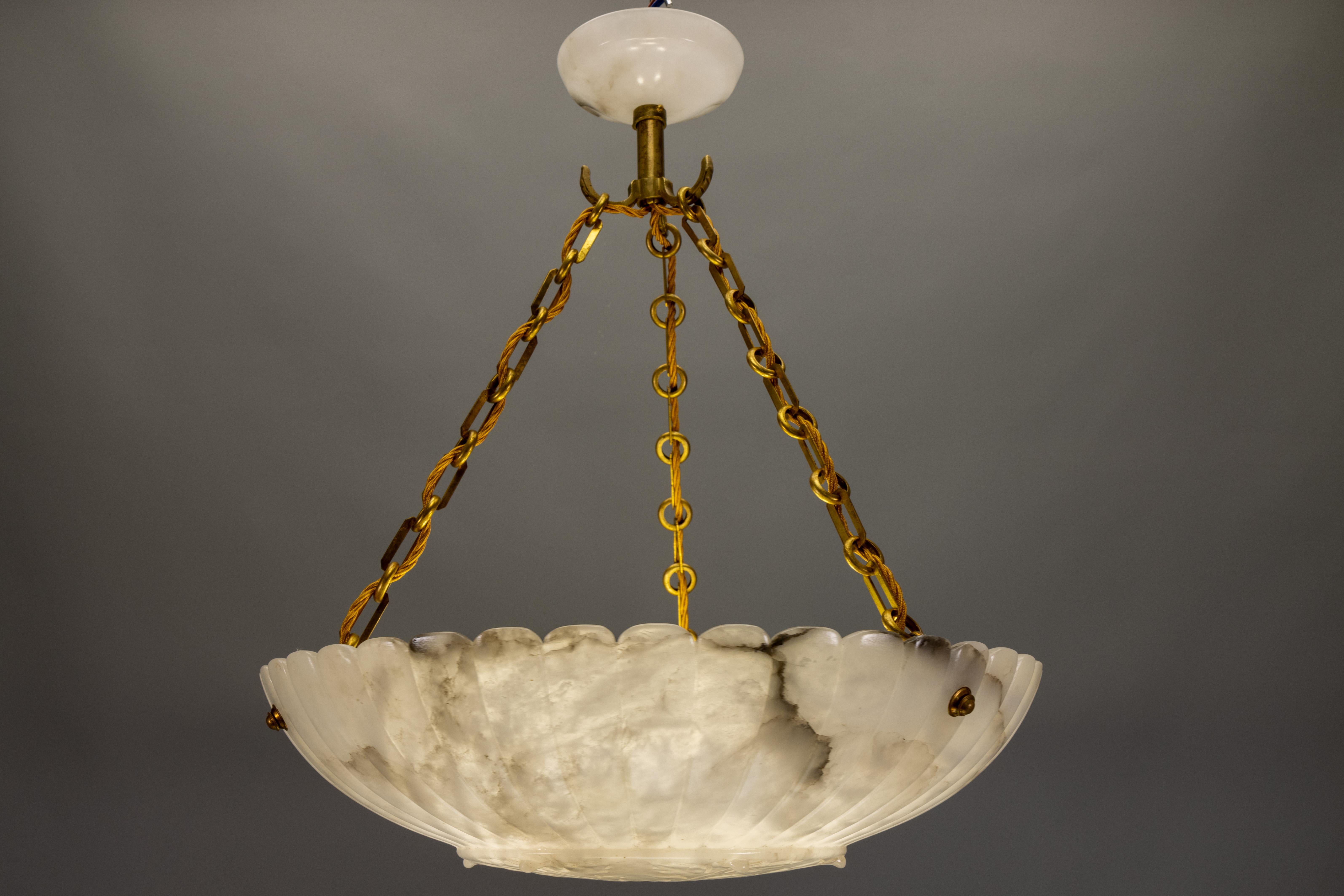 Large French Art Deco Alabaster Pendant Light with Brass Chain, 1920s For Sale 12