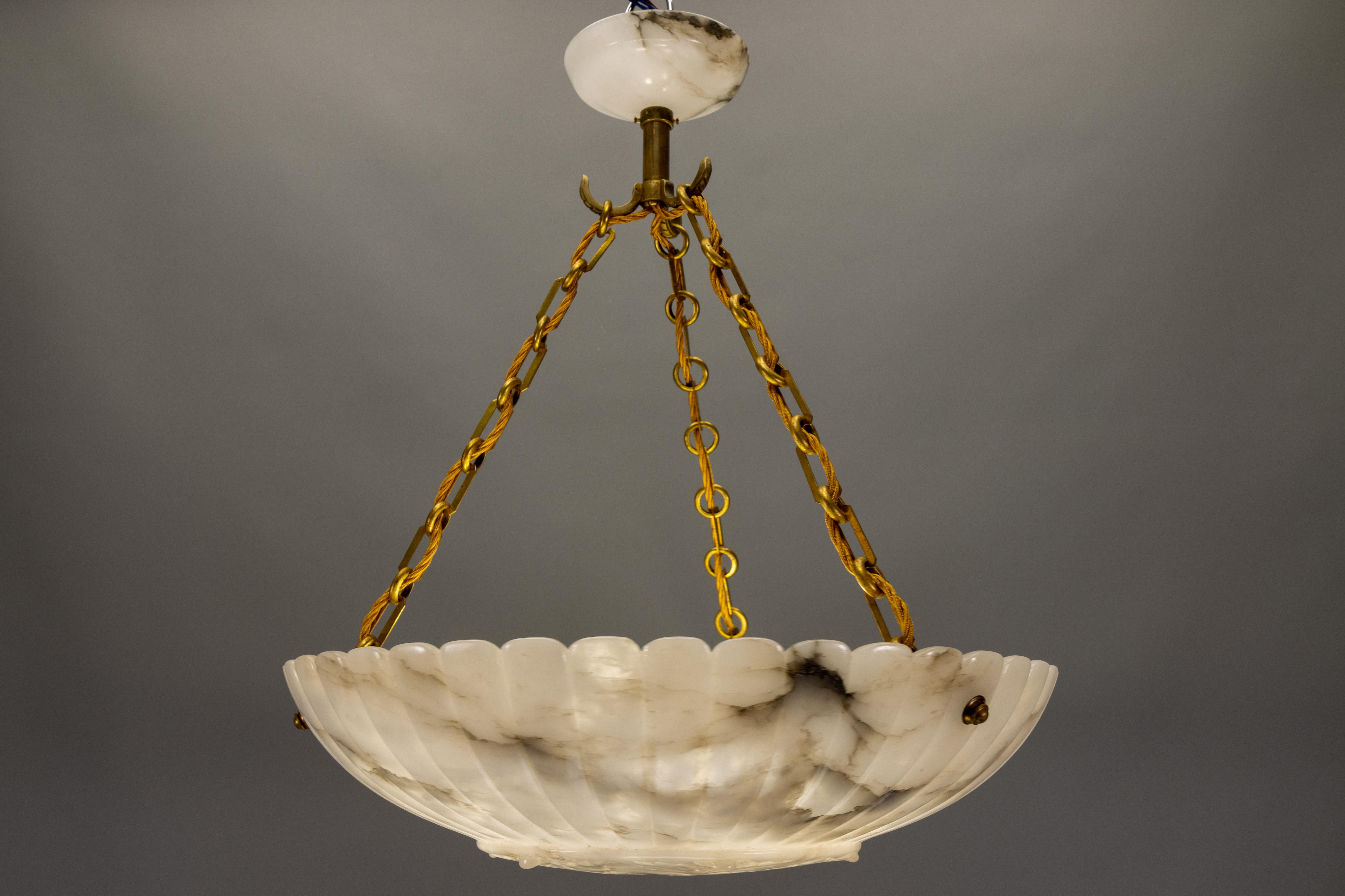 Large French Art Deco Alabaster Pendant Light with Brass Chain, 1920s For Sale 13