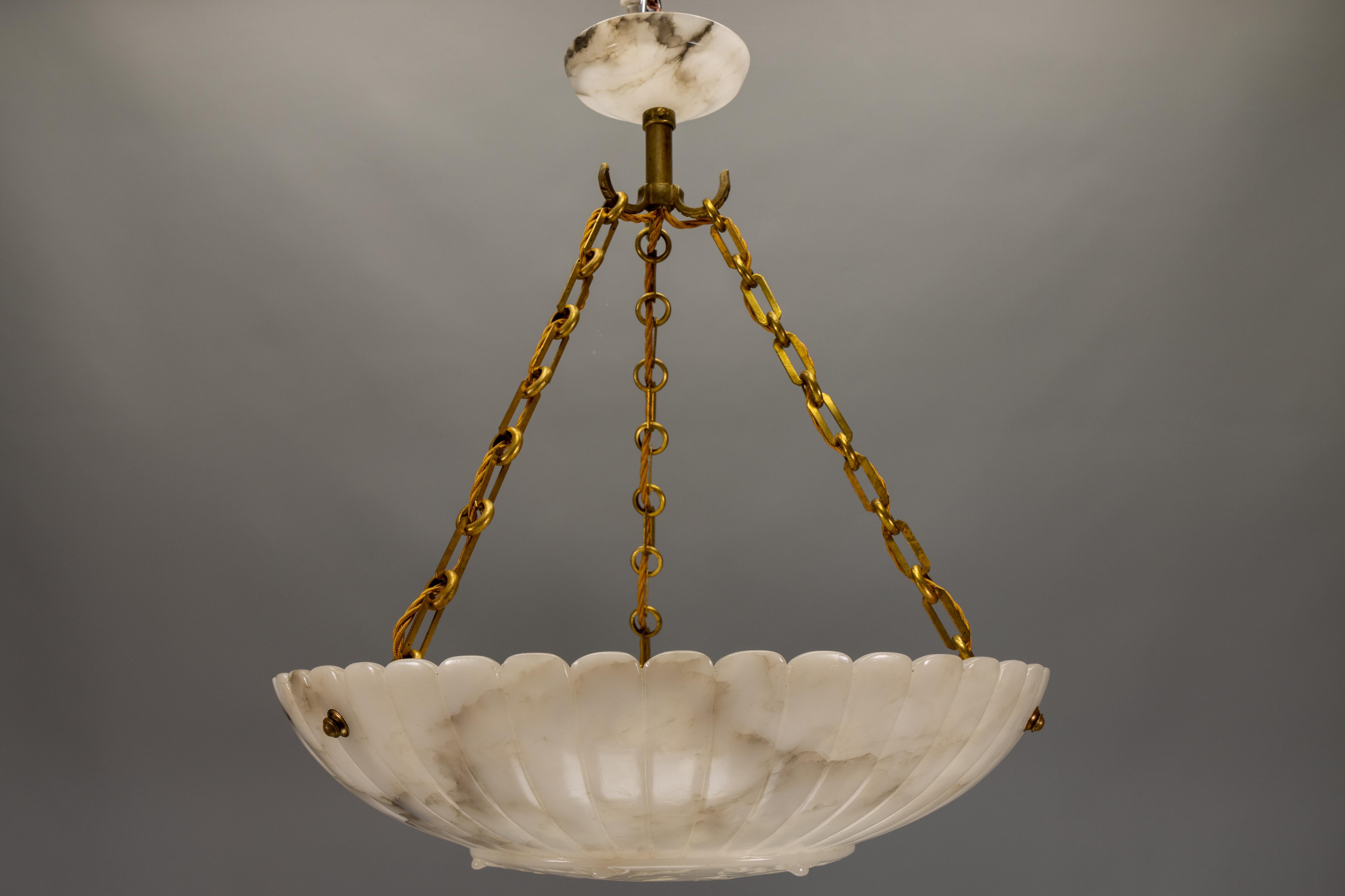 Large French Art Deco Alabaster Pendant Light with Brass Chain, 1920s For Sale 15