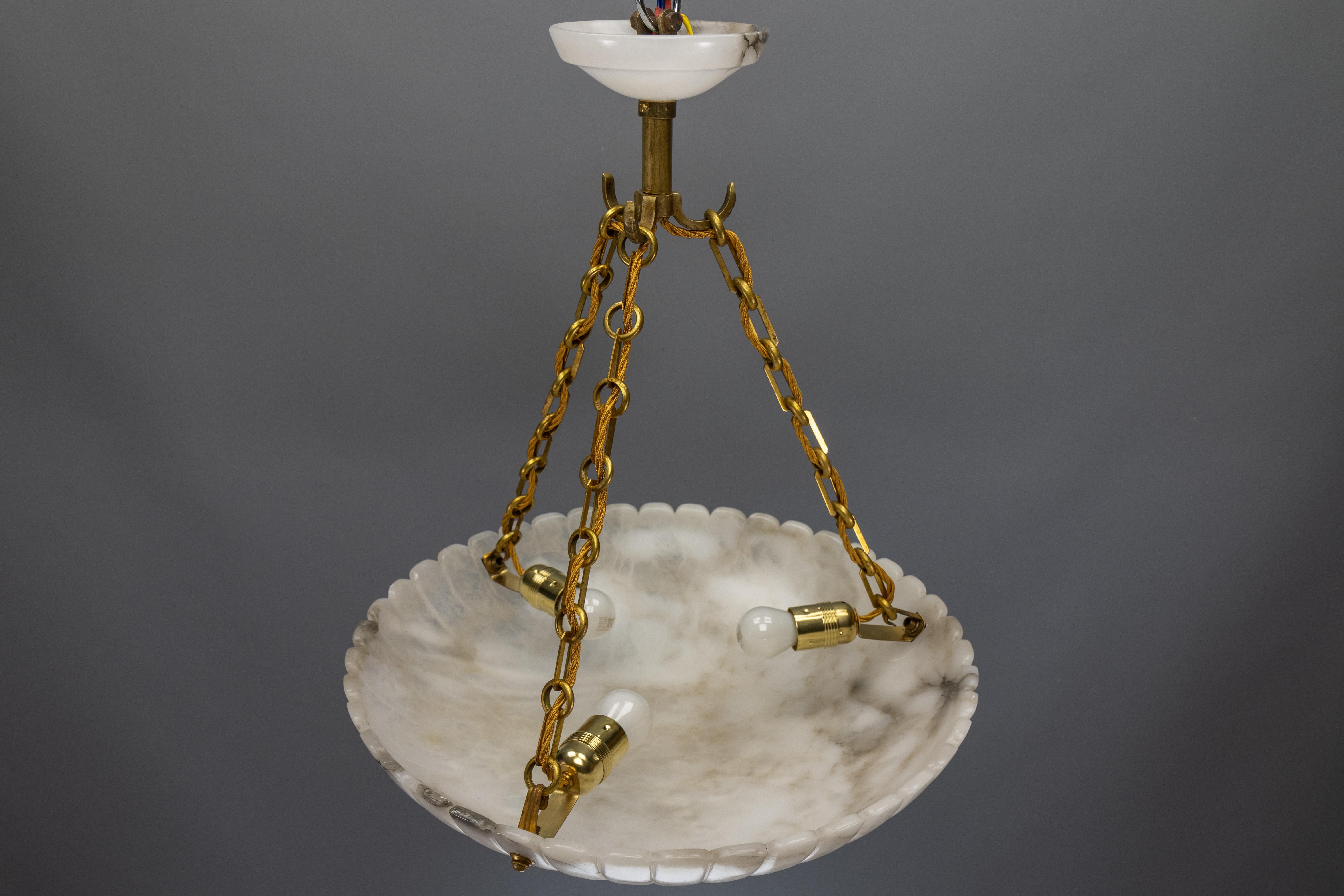 Large French Art Deco Alabaster Pendant Light with Brass Chain, 1920s For Sale 16