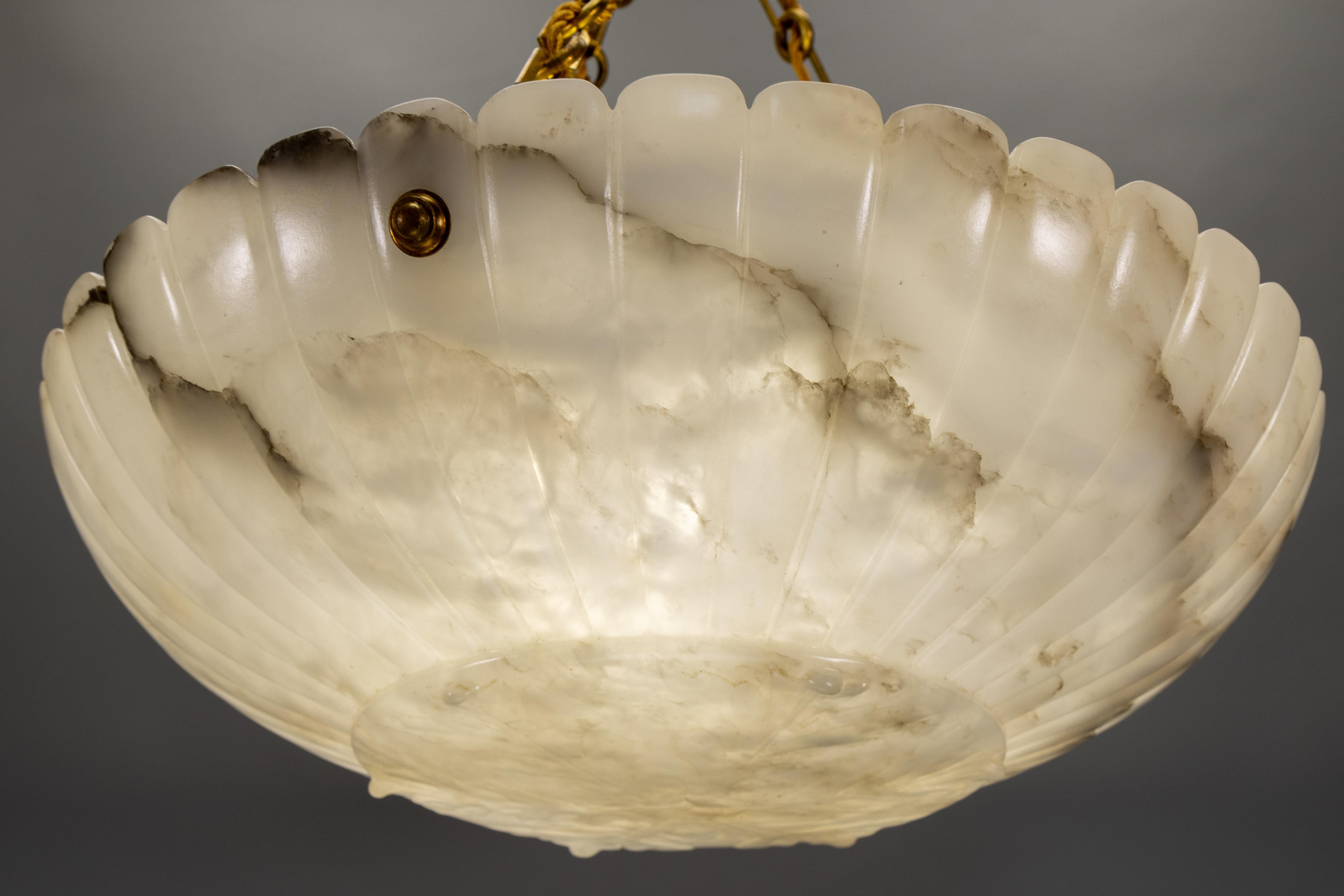 Early 20th Century Large French Art Deco Alabaster Pendant Light with Brass Chain, 1920s For Sale