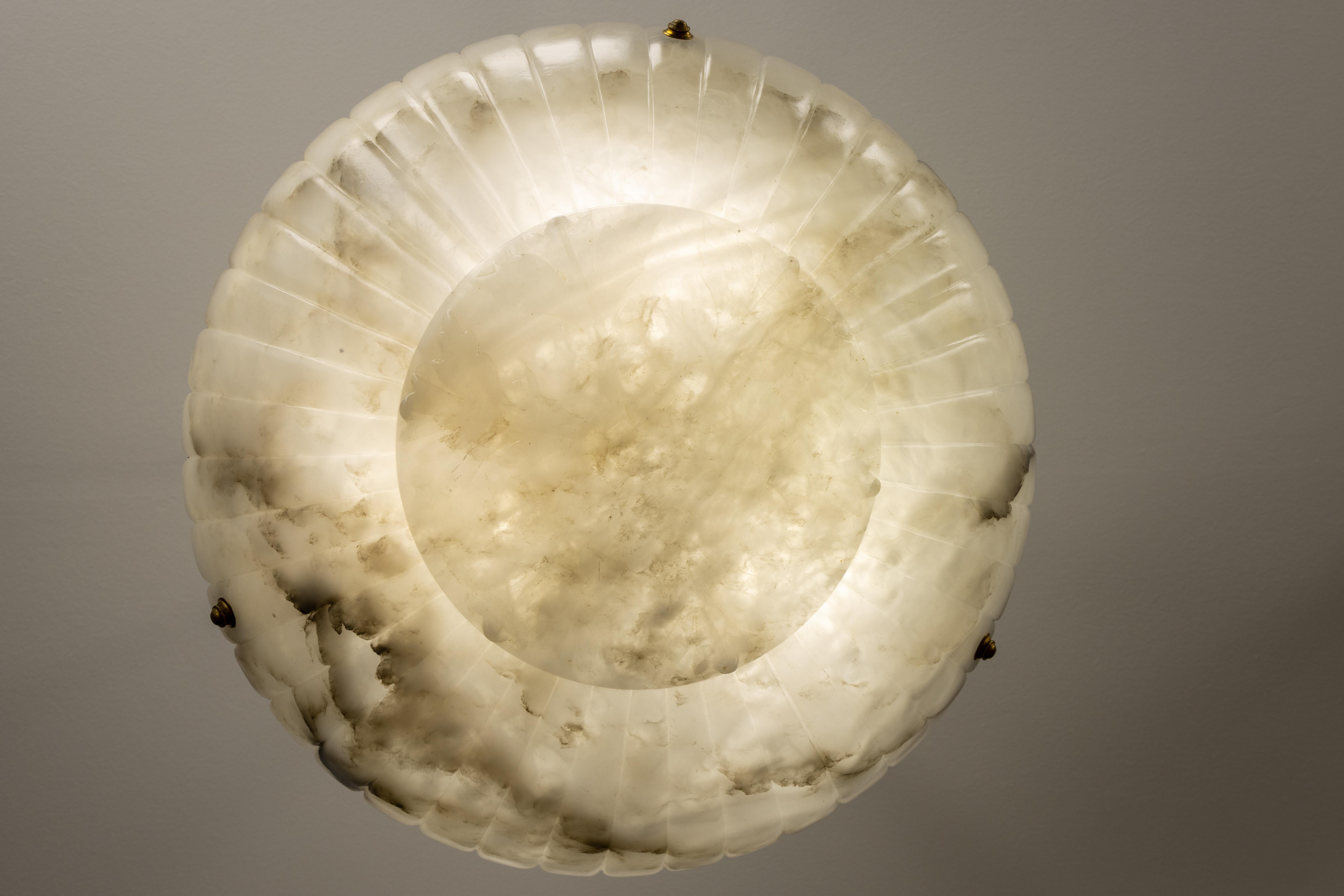 Large French Art Deco Alabaster Pendant Light with Brass Chain, 1920s For Sale 2