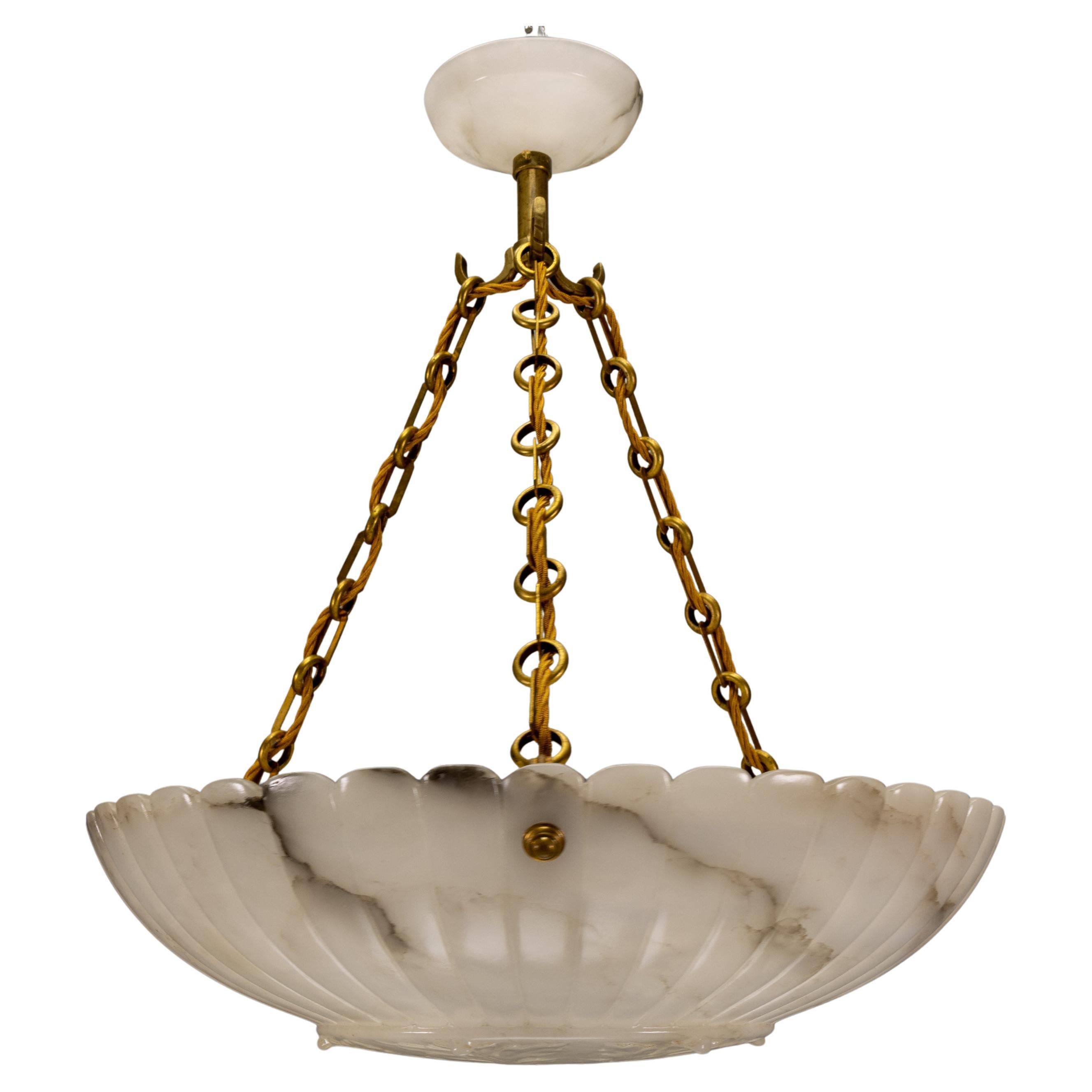 Large French Art Deco Alabaster Pendant Light with Brass Chain, 1920s For Sale
