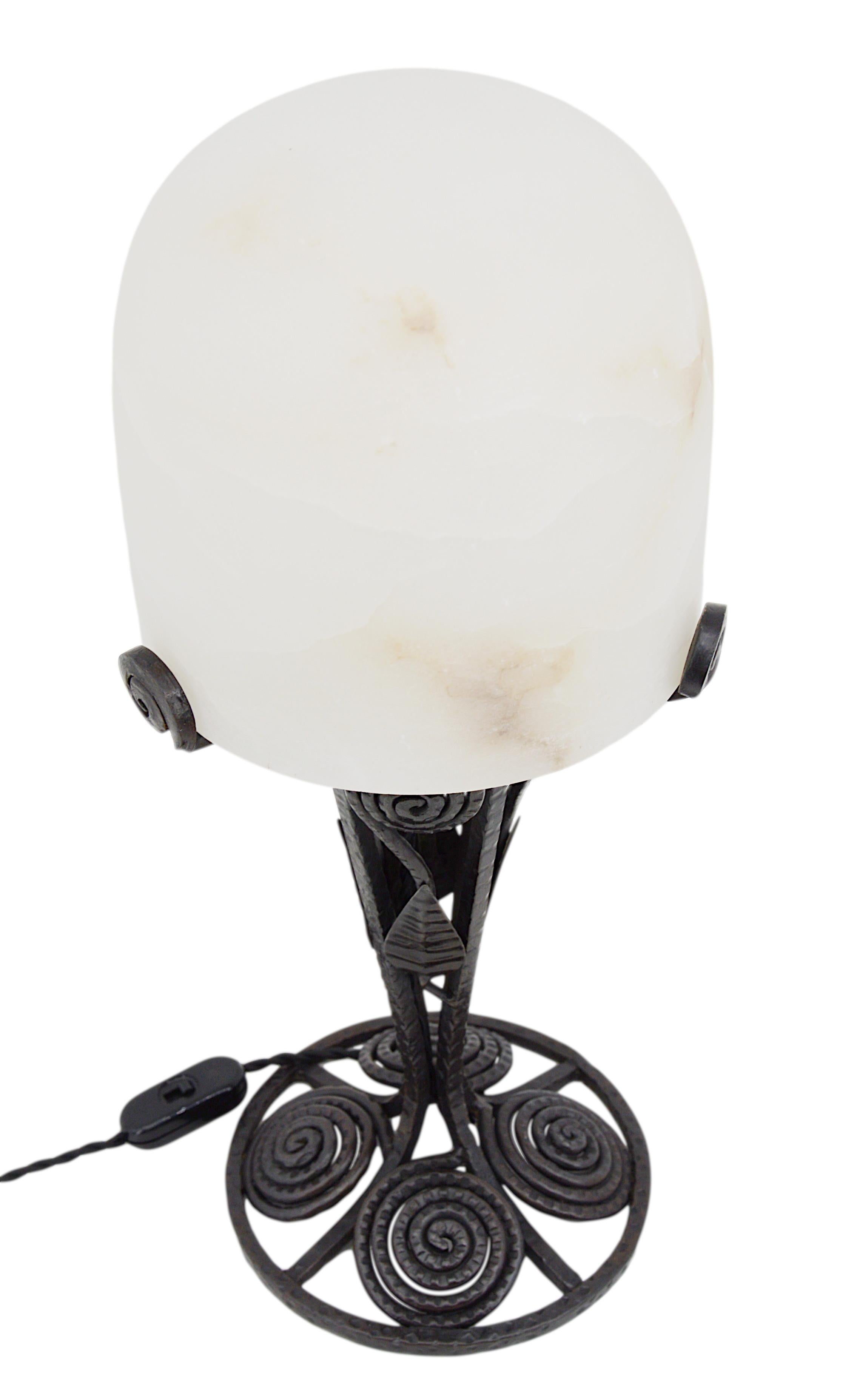 Wrought Iron Large French Art Deco Alabaster Table Lamp, 1920s For Sale