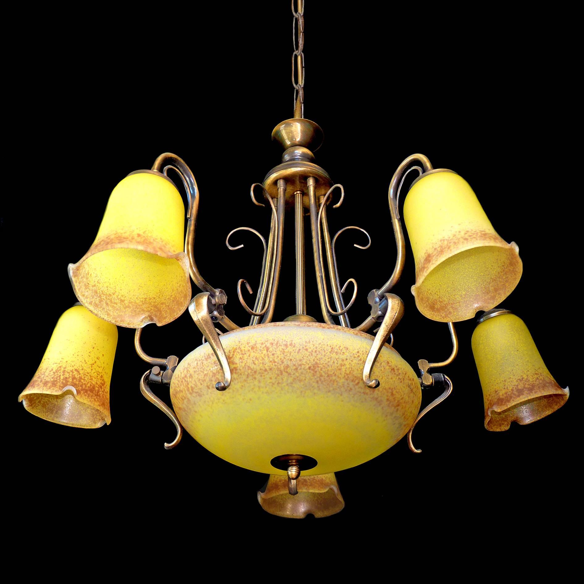 Antique large French Degué style Art Deco/Nouveau deeply colorful poly-chrome yellow art glass chandelier
Materials: Hand blown art-glass shades and solid brass
Measures:
Diameter 28 in / 70 cm
Height 34 in (20 in +14 in/chain)/ 86 cm (50 cm + 36