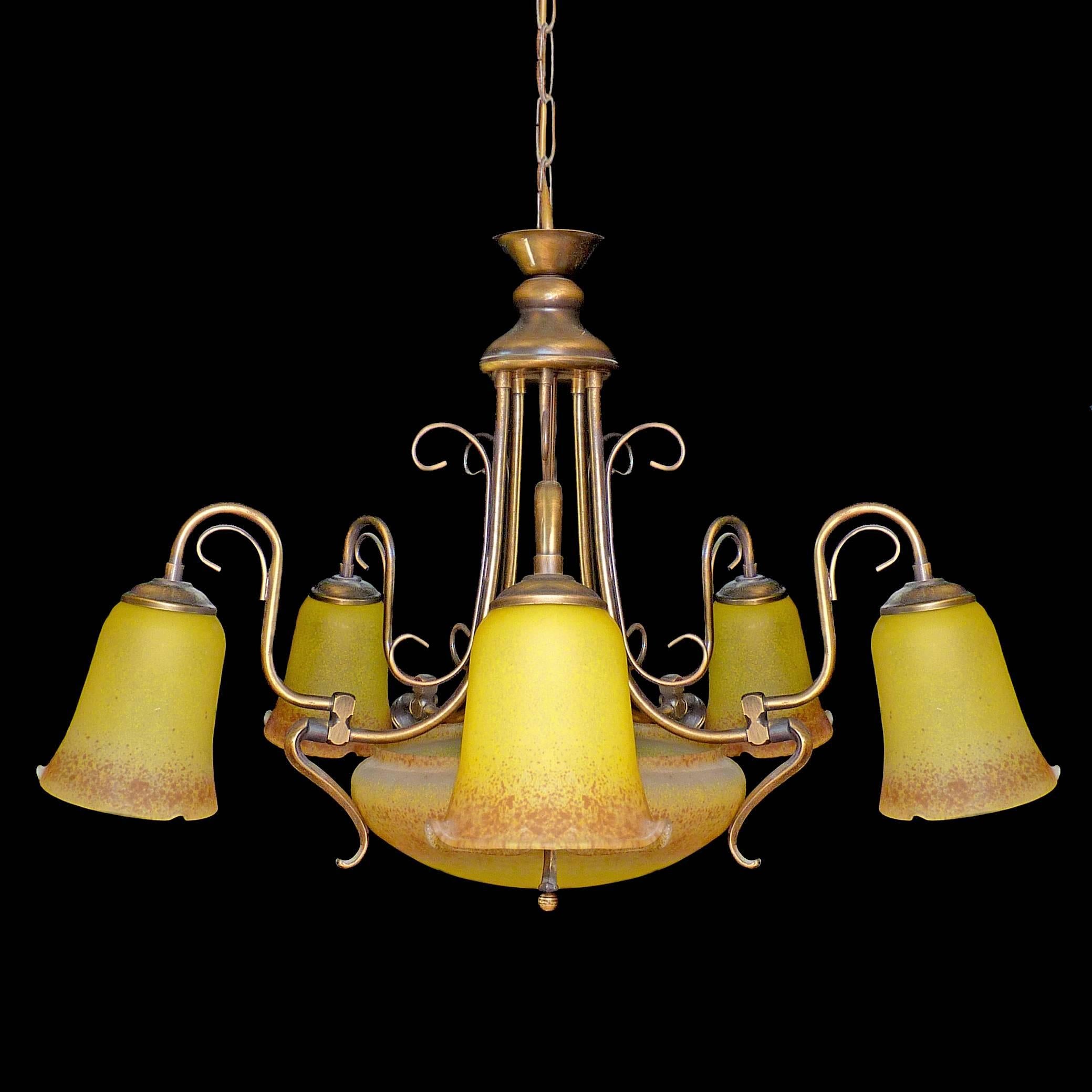 20th Century Large French Art Deco and Art Nouveau Amber Art Glass and Brass Chandelier For Sale