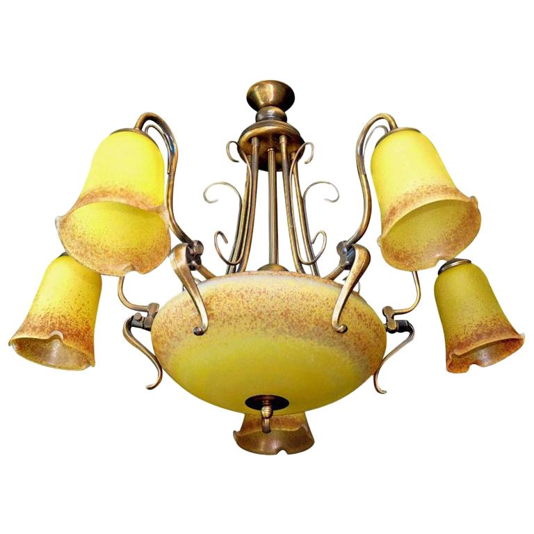 Large French Art Deco and Art Nouveau Amber Art Glass and Brass Chandelier For Sale